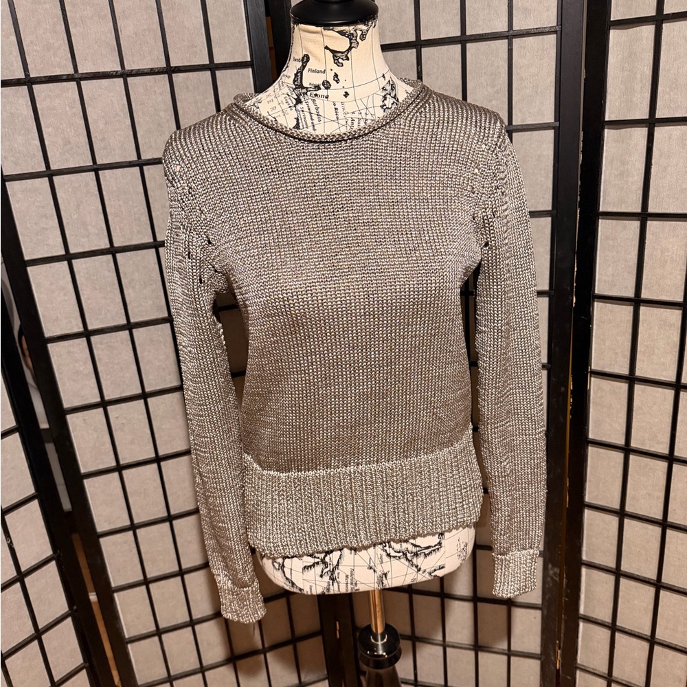 Banana Republic Chunky crochet metallic cable knit sweater pullover crew shiny M